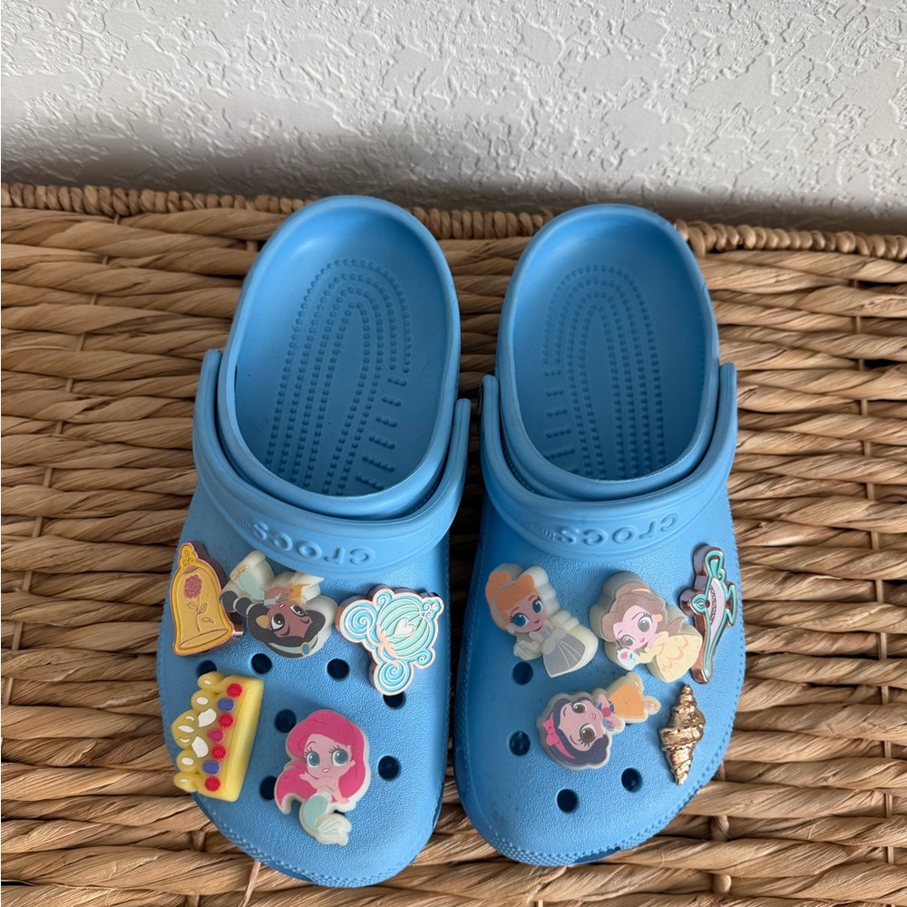 CROCS Light Blue Clogs with Disney Princess Light up Jibbitz